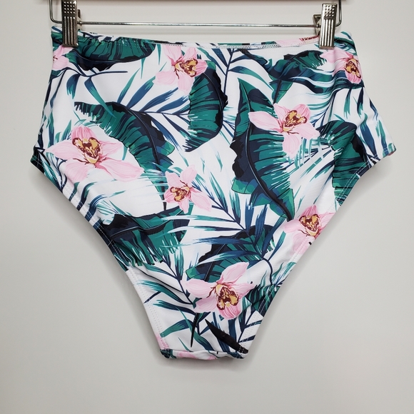 NEW HOLIPICK Green Leaf White High Waisted Tropical Bikini Bottom Size Medium - Picture 4 of 6